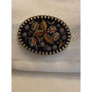 Vtg Embroidered Pin Brooch Intricate Art Ornate Gold Tone Color Sewn Design